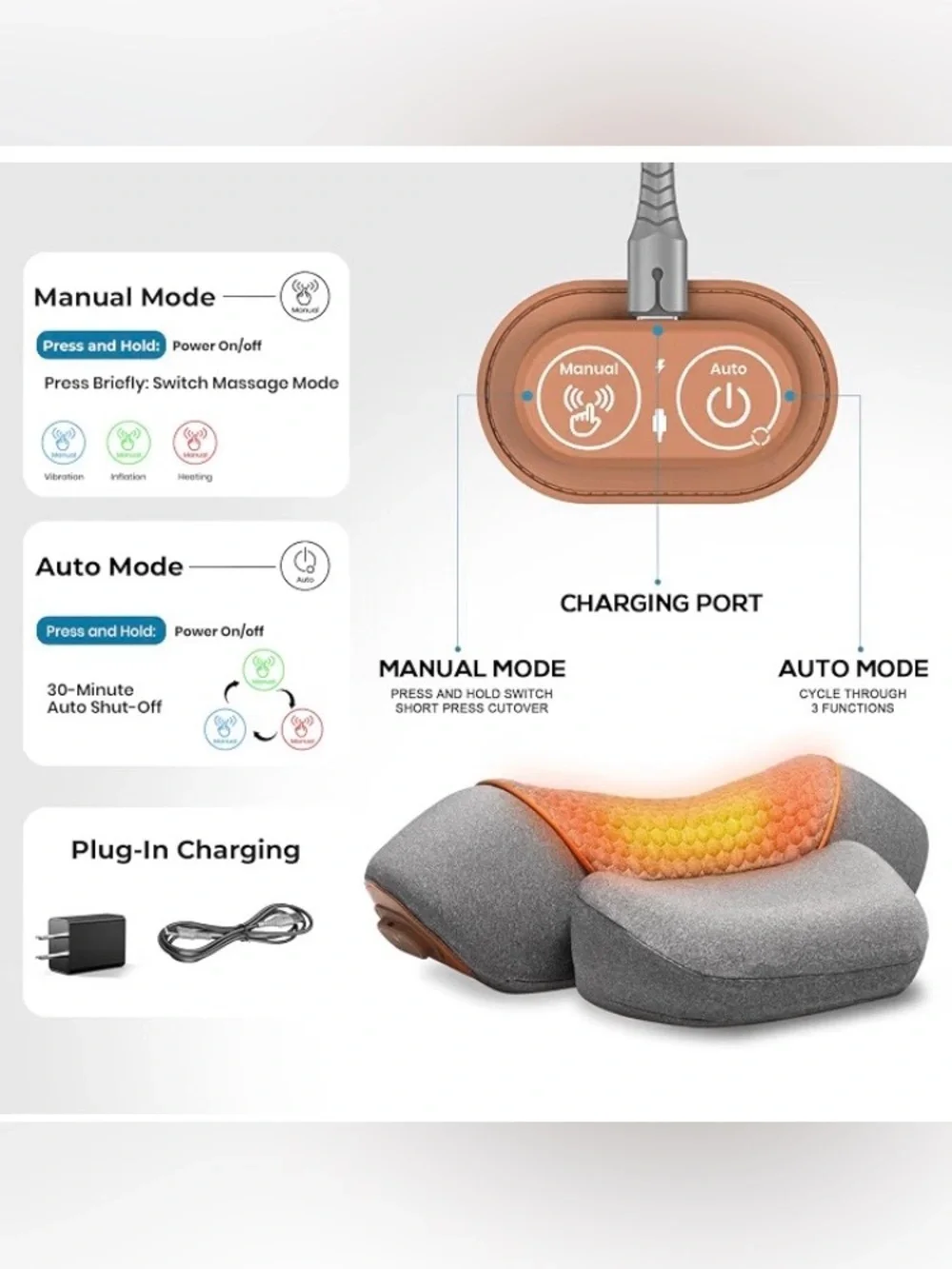Freebody 3-in-1 Neck Massager Pillow with Heat &Massage Support, Grey,New